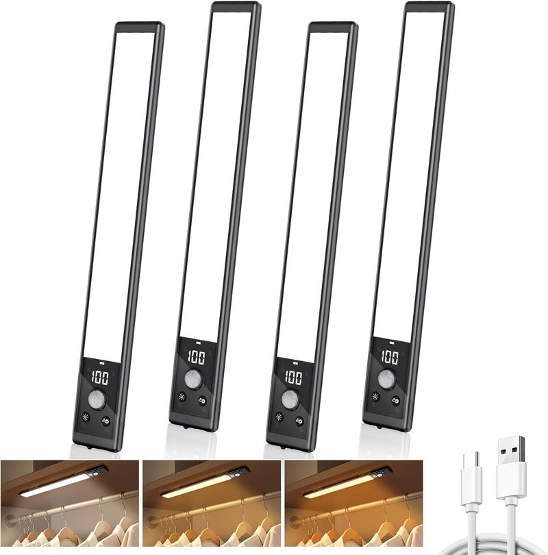 Mpotmiy 4 Pack 12" Under Cabinet Lights with Digital Display,2200mAh Rechargeable Motion Sensor Light Indoor,3 Color Temperatures, Magnetic Dimmable Closet Lights, Under Counter Light for Kitchen - Image 1